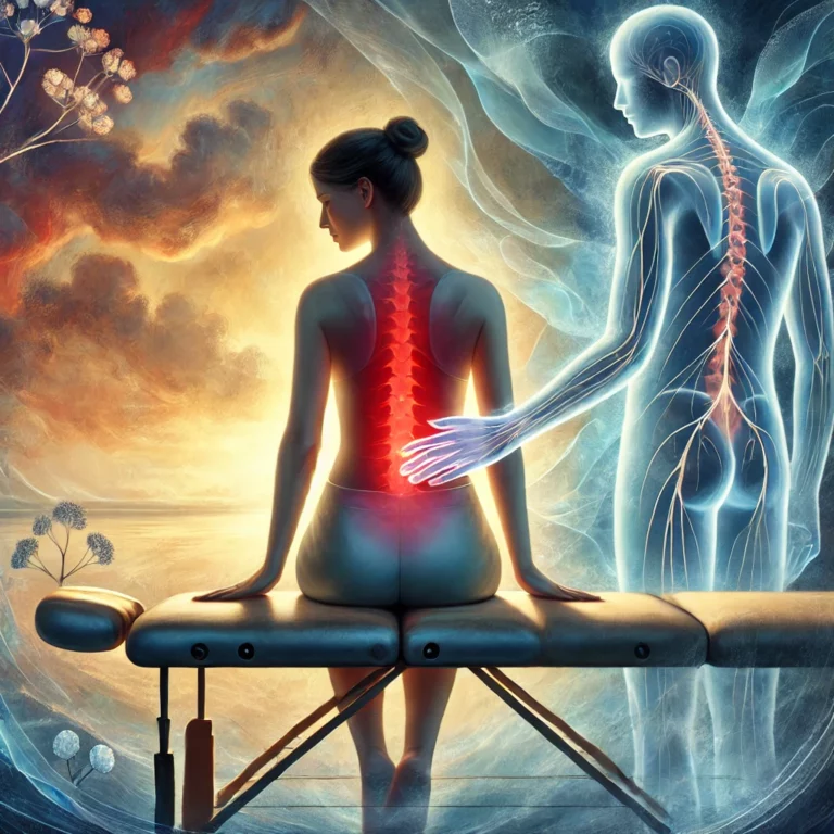 kinésiologie et émotions :femme assise avec mal de dos